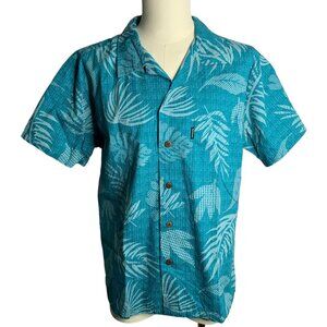 Palmwave Button Up Hawaiian Camp Shirt L Blue Floral Leaves Pocket Short Sleeve